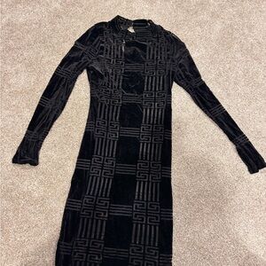 SHEER Black Long Sleeve Velvet Patterned Midi Dress